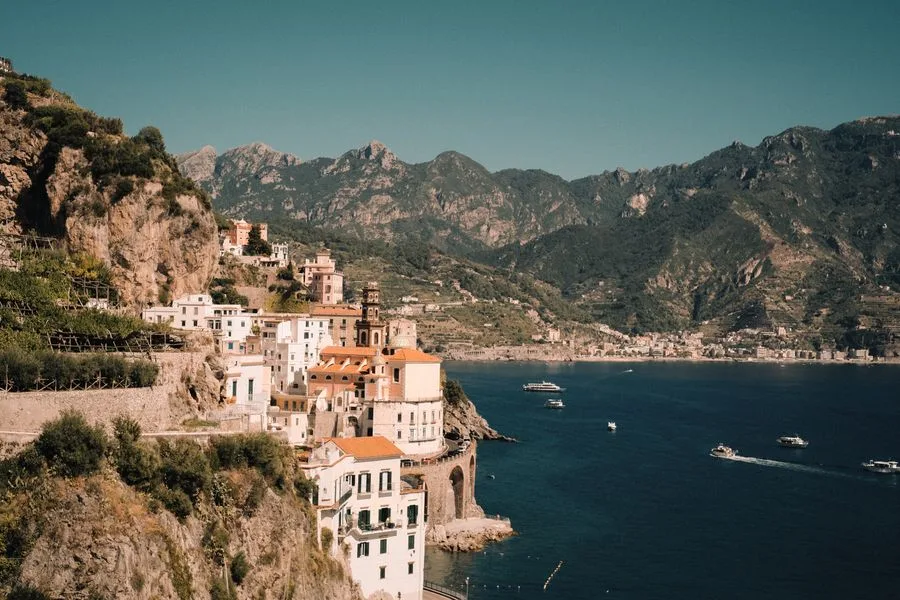 Atrani on the Amalfi coast, houses stacked above a deep blue sea